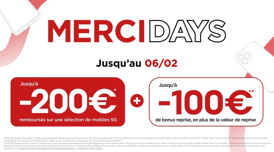 Jusqu’à -200€ remboursés sur une sélection de mobile 5G, profitez des Merci Days avec Free !