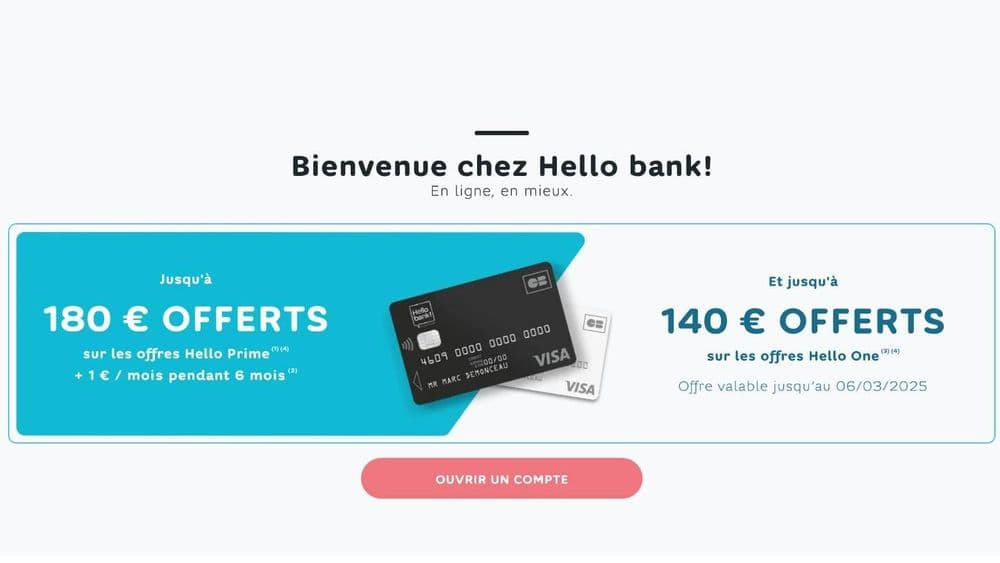 Banque en ligne : jusqu'à 180 euros offerts sur les offres Hello Prime !