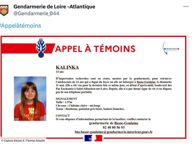 Disparition inquiétante de Kalinka, 14 ans : la gendarmerie de Loire-Atlantique lance un appel à témoins pour la retrouver