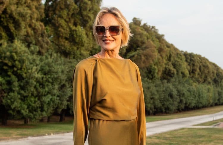 En longue robe cintrée et satinée, Sharon Stone prouve que le style n’a pas d’âge